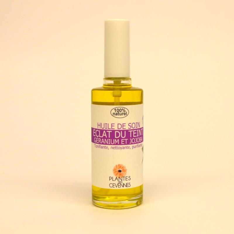 Huile éclat du teint géranium et jojoba, tonifiante, nettoyante et purifiante