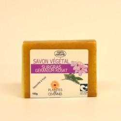 Savon végétal surgras Géranium Rosat, nettoyant, raffermissant et purifiant